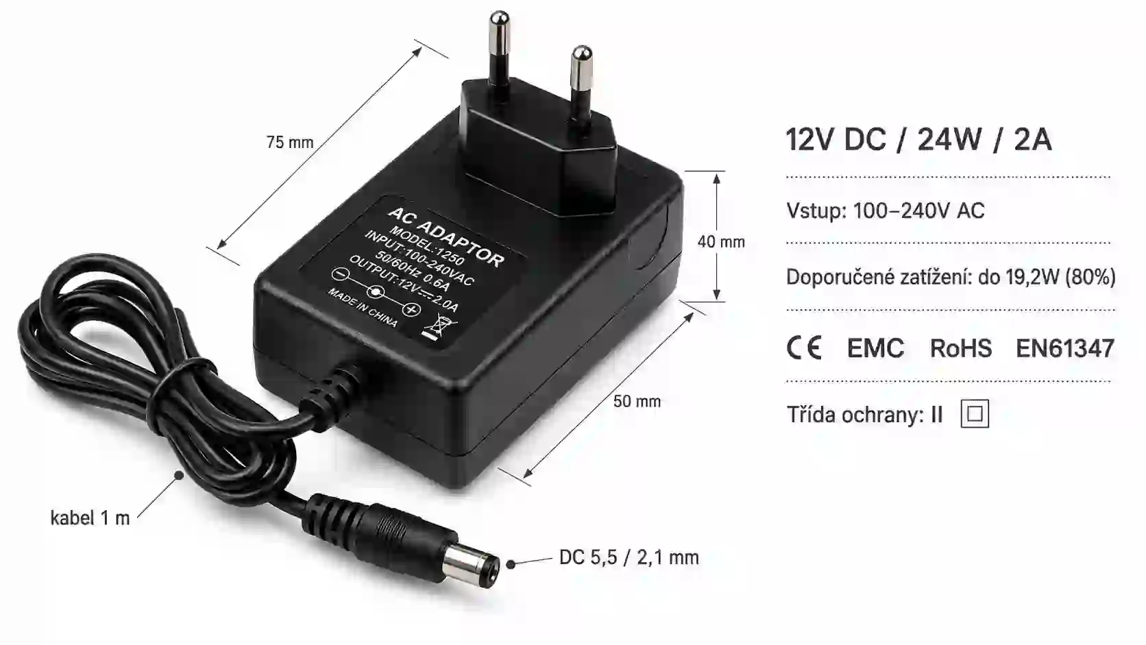 Certifikace LED napájecího zdroje 12V 24W zásuvkový - CE EMC RoHS EN61347 třída ochrany II